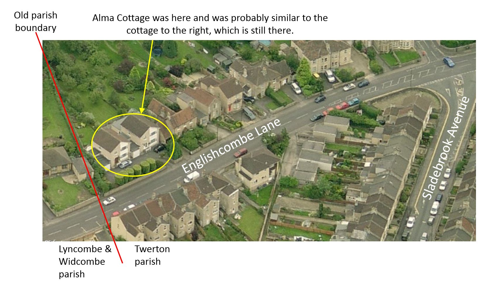Showing location of Alma Cottage, Englishcombe Lane